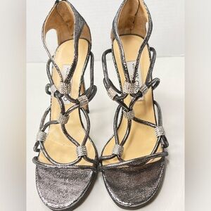 Jimmy Choo Swarvoski Strappy Meatallic Silver Heels Size 38.5 EU / 8.5 US- NEW